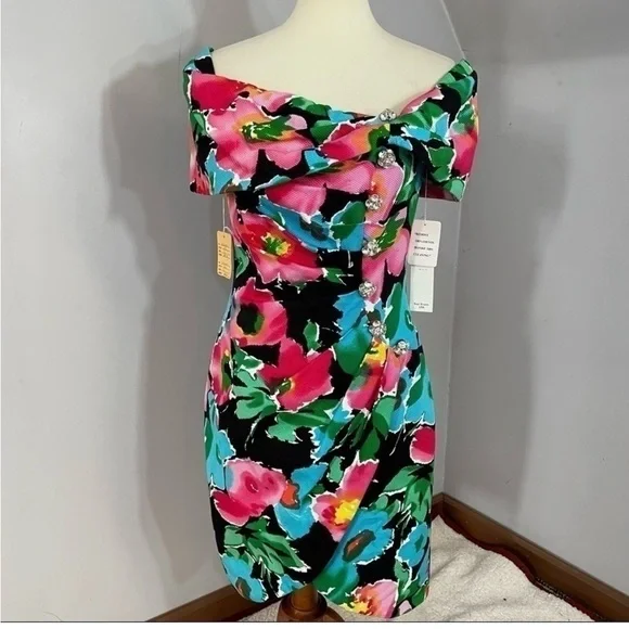 NWT Vintage Floral Off Shoulder Kentucky Derby Garden Party Cocktail Shower Midi - Picture 3 of 12